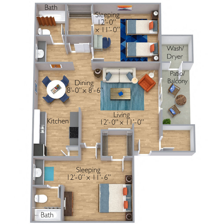 Floor plan for 2 beds, 2 baths, 1000 sqft